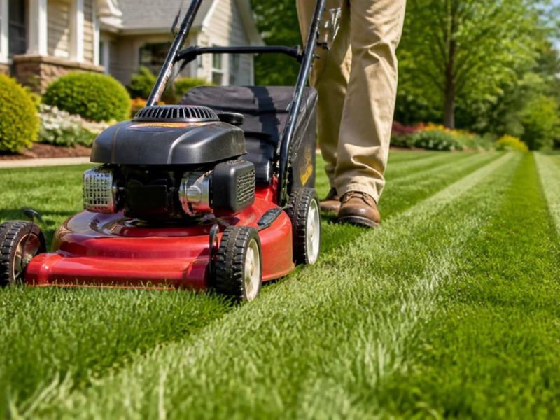Walk-behind mower cutting thick green grass into clean stripes