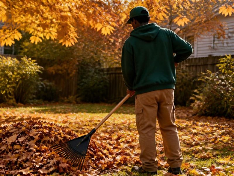 Lawn care worker raking colorful autumn leaves into a pile, seen from behind
