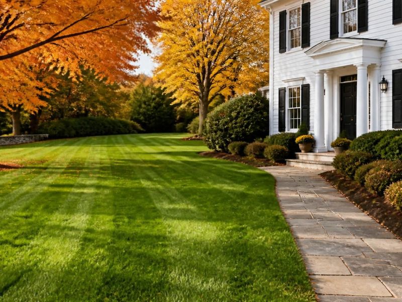Freshly striped lawn and stone walkway beside a white colonial home in early autumn